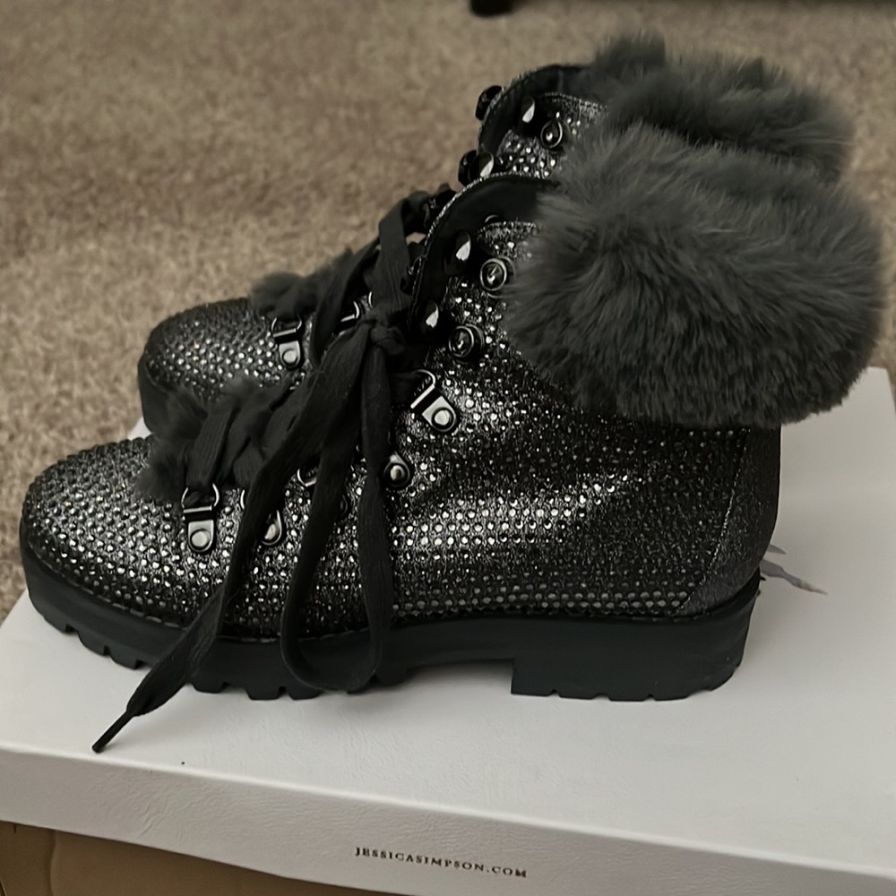 Jessica Simpson furry bedazzled winter boots - pewter worn once size 5.5